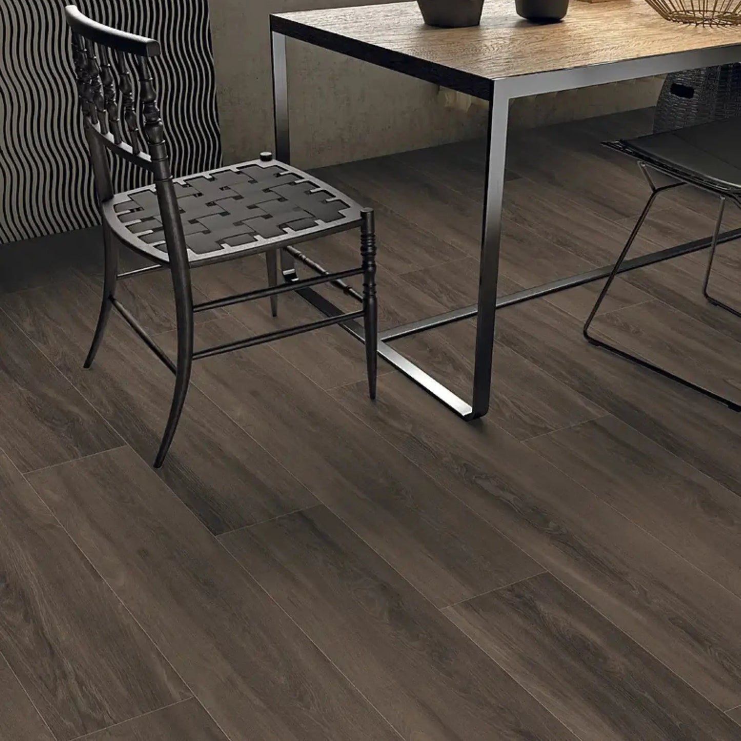 Dark brown wood-effect porcelain tile flooring in a modern dining space - Skyline Dark Brown