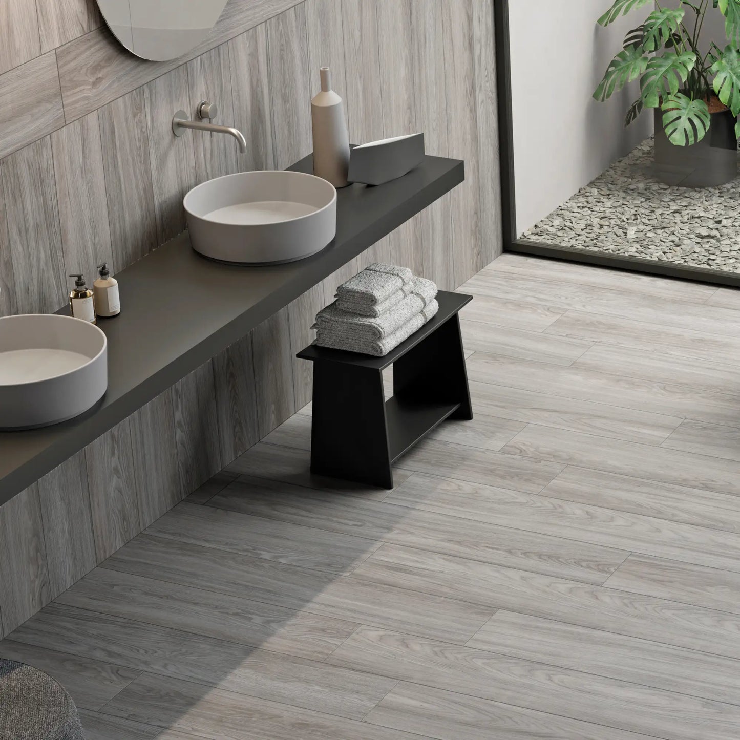 Light grey wood-effect porcelain tile flooring in a contemporary bathroom - Skyline Grey