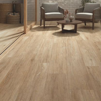 Wood-effect porcelain tile in warm oak tone used in indoor outdoor modern space - Firenze Rovere