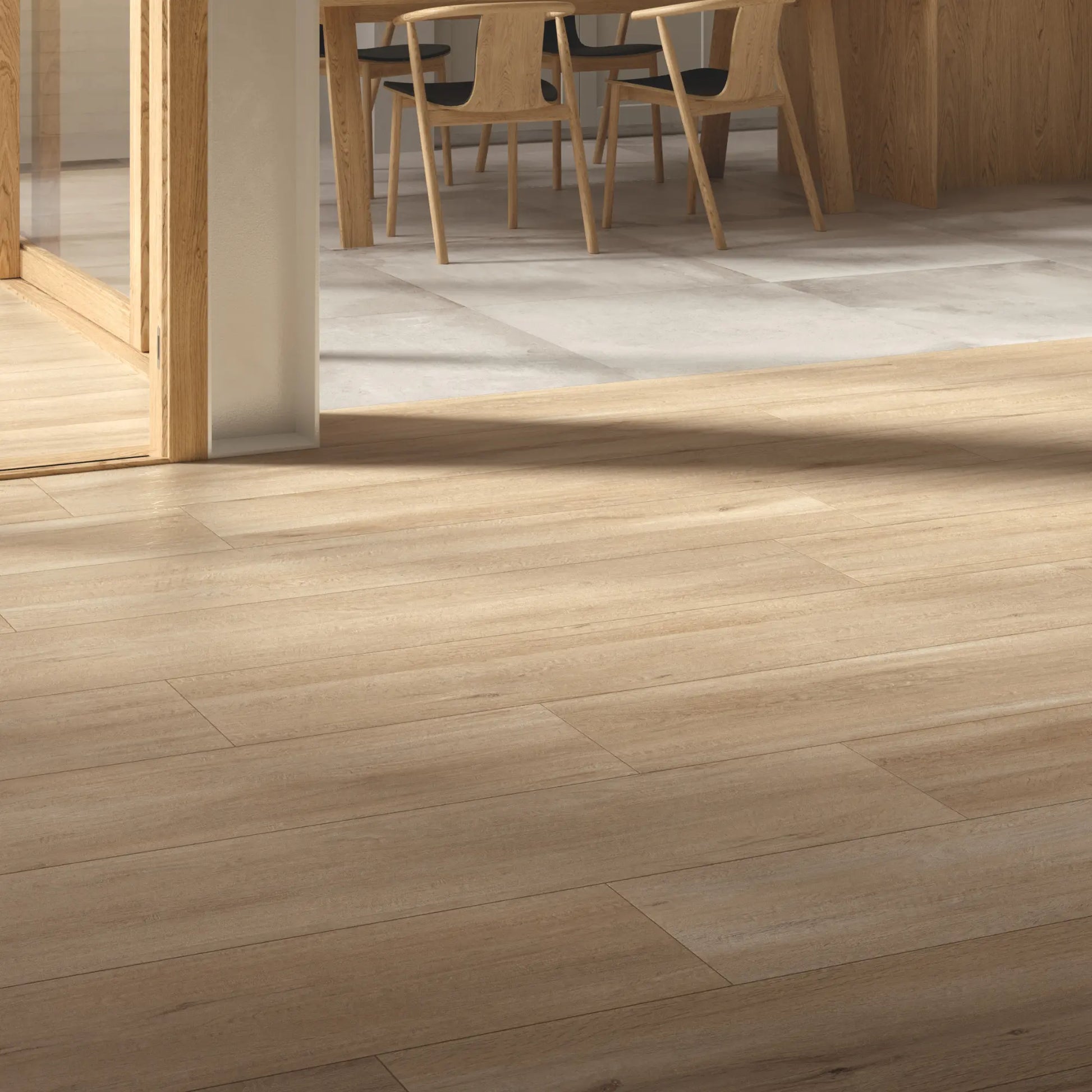 Wood-effect porcelain tile in oak tone installed in a contemporary kitchen with natural light - Firenze Rovere