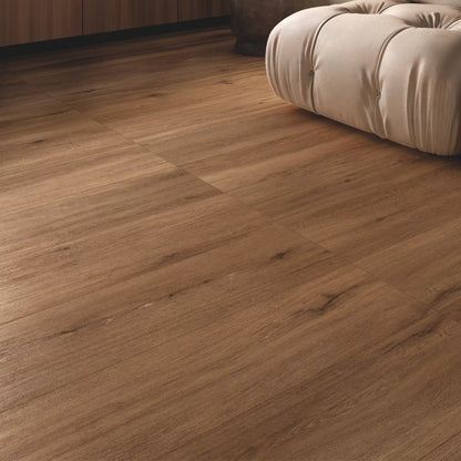 Close-up of warm oak wood-effect porcelain tiles in a modern interior – Firenze Ceraso