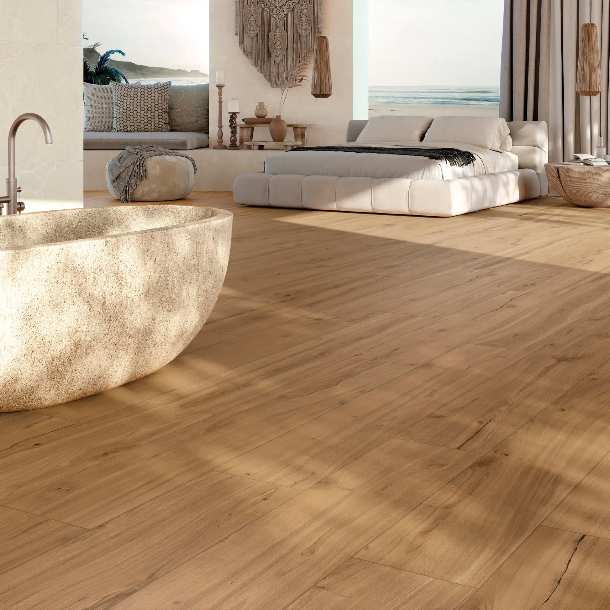 Warm oak wood-effect porcelain tile flooring in a modern bedroom and bath space – Natura Ciliegio