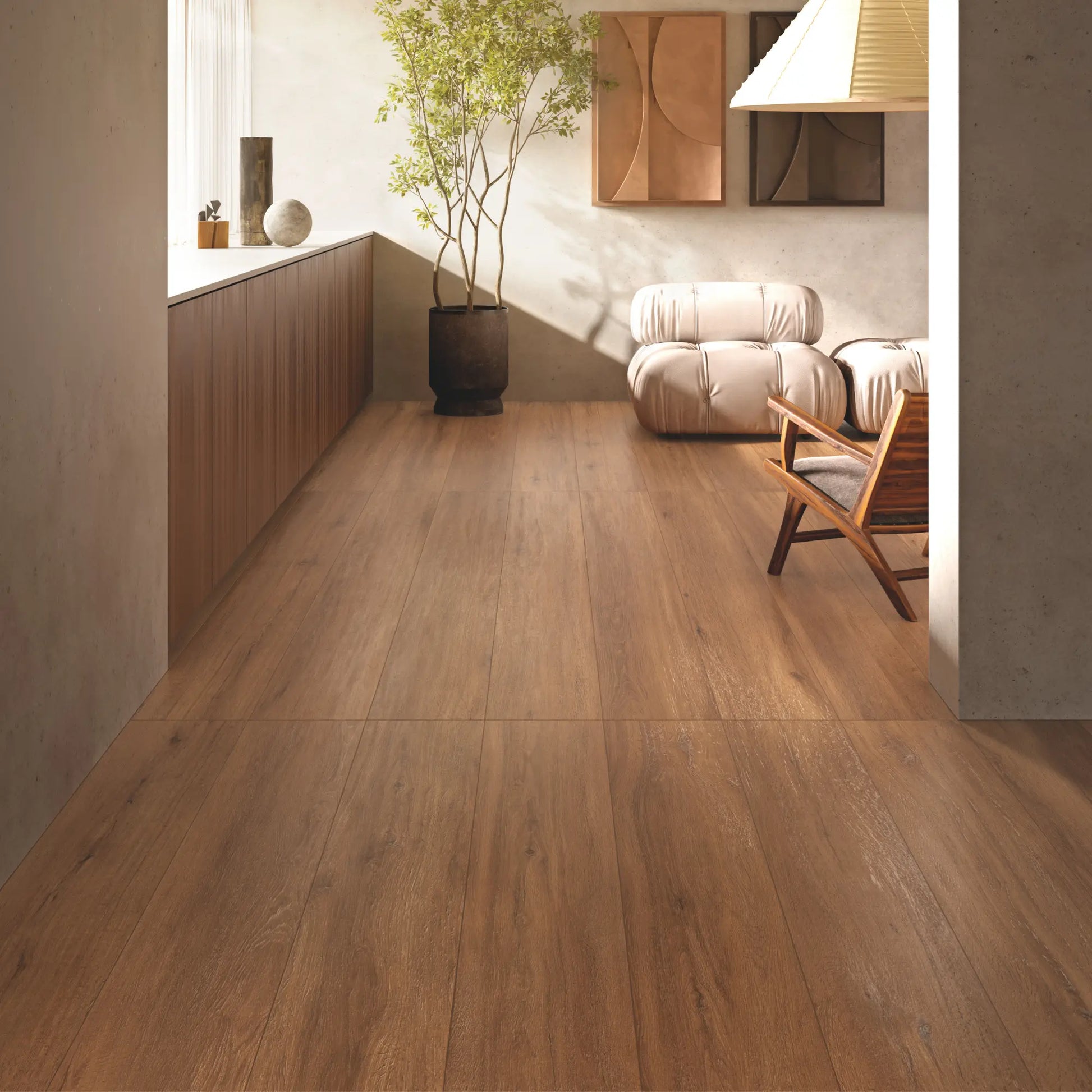 Modern living room with warm oak wood-effect porcelain flooring and natural light – Firenze Ceraso