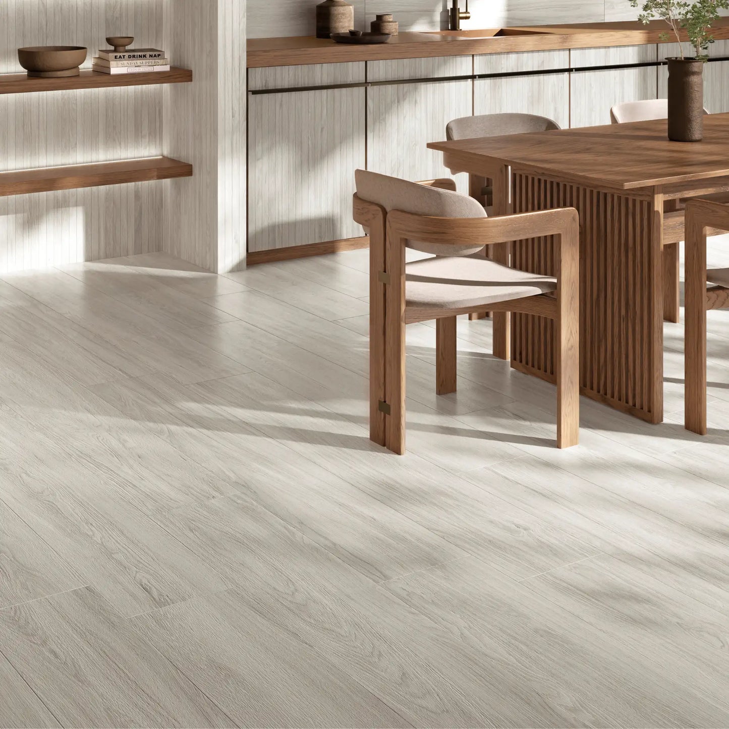 White oak wood-effect porcelain tile flooring in a modern dining room – Skyline White